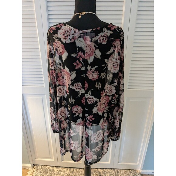 Say Anything Top Women's 1X Boho High Low Long Sleeves Multi Floral Mesh Sheer - Picture 9 of 13